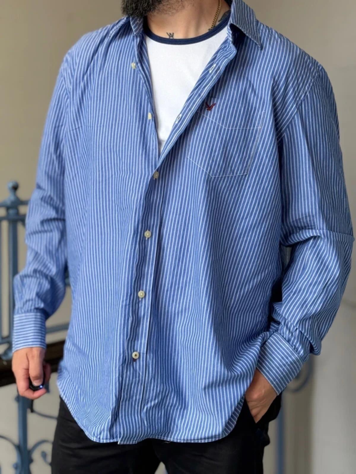 American Eagle Y2K Smart Pin Stripe Blue Shirt XXL