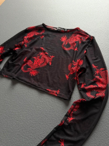 Mesh Dragon Print Crop Top Long Sleeve Size 12