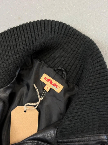 Funnel Neck Leather Jacket Medium Y2K Cropped Black