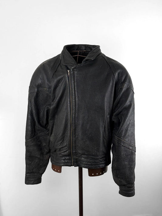Vintage Asymmetric Zip Leather Bomber Jacket Large