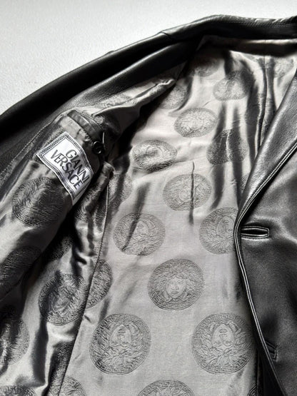Gianni Versace 90s Vintage Black Leather Long Coat Medium Mens