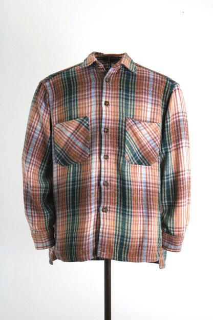 Orange & Green Vintage Plaid Flannel Shirt Large Mens
