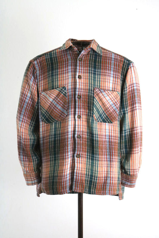Orange & Green Vintage Plaid Flannel Shirt Large Mens
