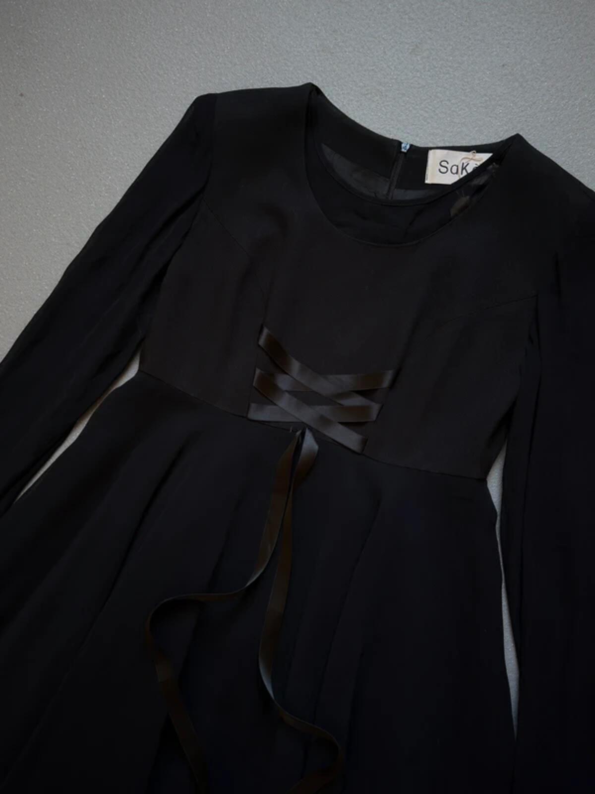 Saké Black Long Sleeve Skater Dress with Ribbon Detail Size 14