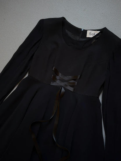 Saké Black Long Sleeve Skater Dress with Ribbon Detail Size 14