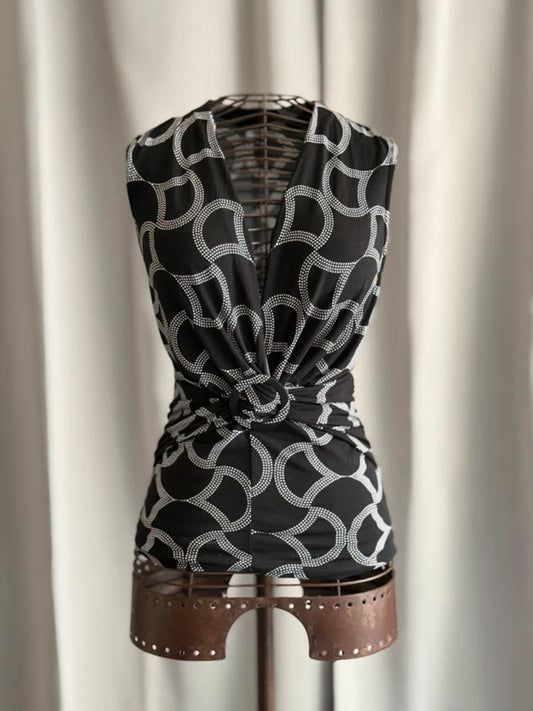 Y2K Black White Geometric Sleeveless Top Ring Detail Stretch Large