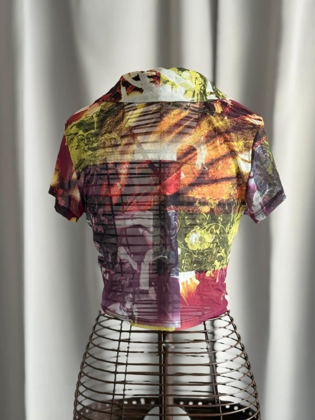 Y2K Mesh Tie Front Crop Top Abstract Print Fairycore Coquette UK 14