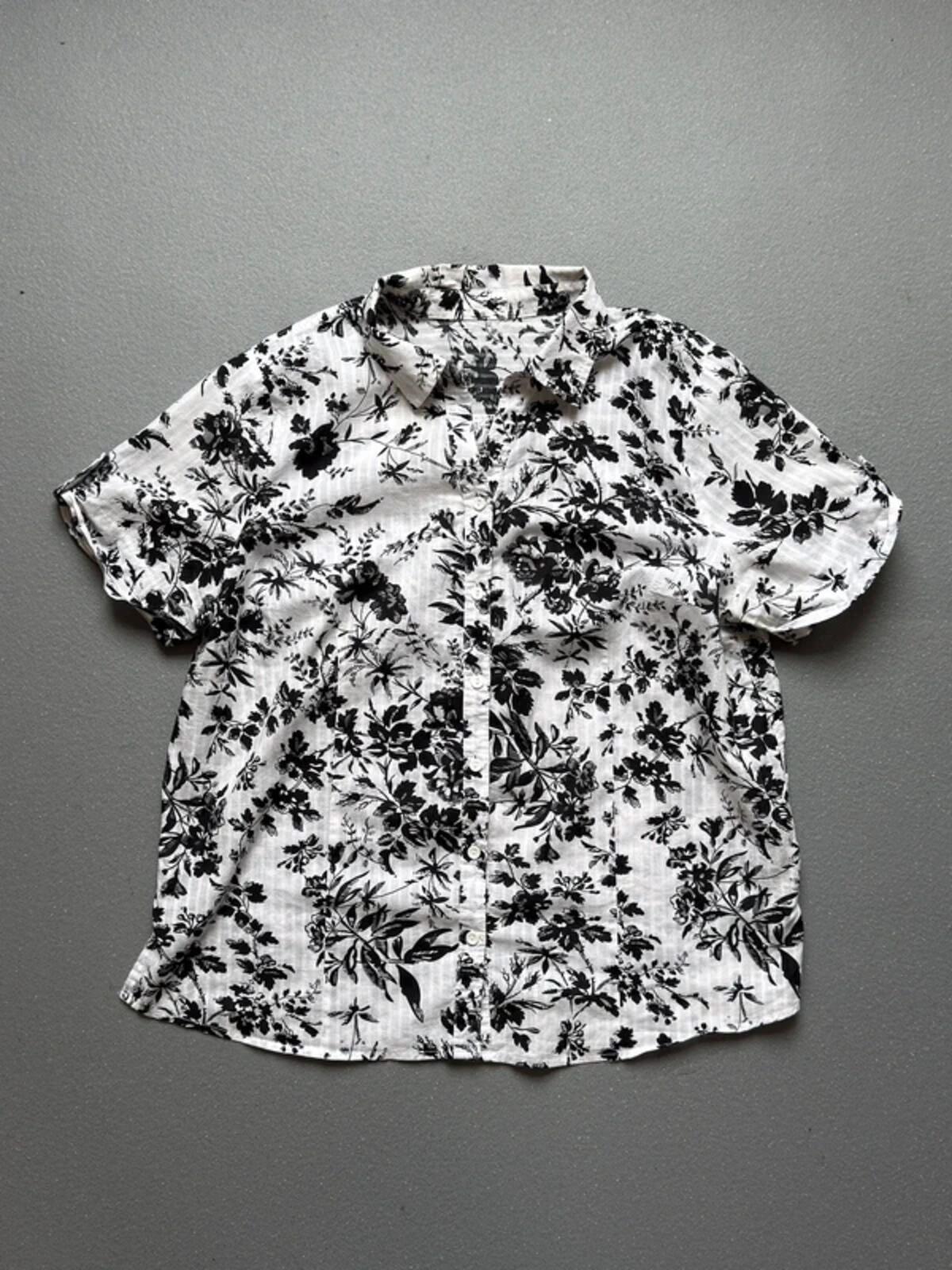 Vintage Black & White Floral Boxy Blouse Shirt Ladies XL