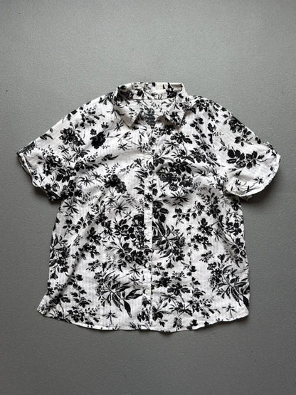 Vintage Black & White Floral Boxy Blouse Shirt Ladies XL