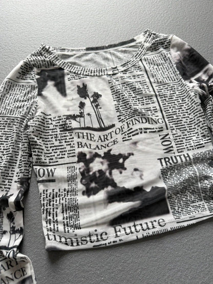 Y2K Style Mesh Long Sleeve Print Crop Top XS