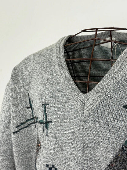 Geometric 80s V Neck Knit Jumper XL Boxy Fit