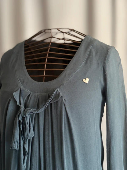 Gaudi 100% Silk Blue Grey Long Sleeve Mini Dress Tie Front Boho Casual Size 14