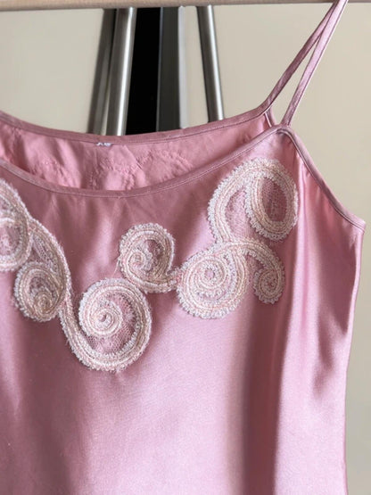 Y2K Silk Cropped Cami Top Pink Lace Embroidery Medium