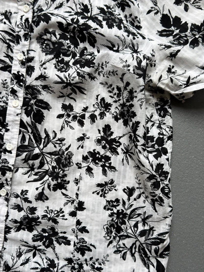 Vintage Black & White Floral Boxy Blouse Shirt Ladies XL