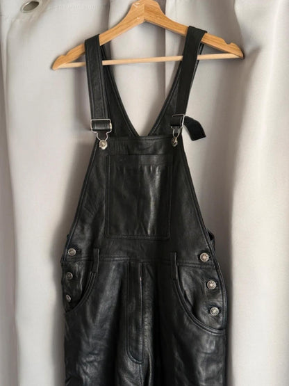 Vintage Black Leather Dungarees Biker Overalls Y2K Grunge Moto 28” Tall