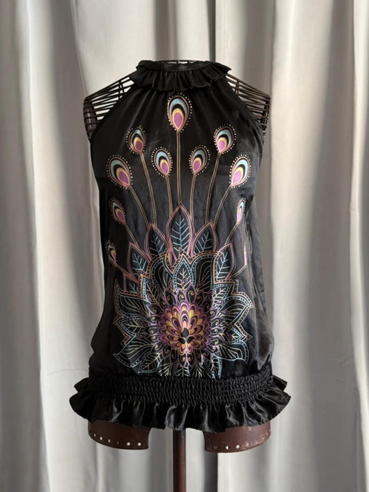 Y2K Halterneck Sleeveless Top Peacock Mandala Print Size 12
