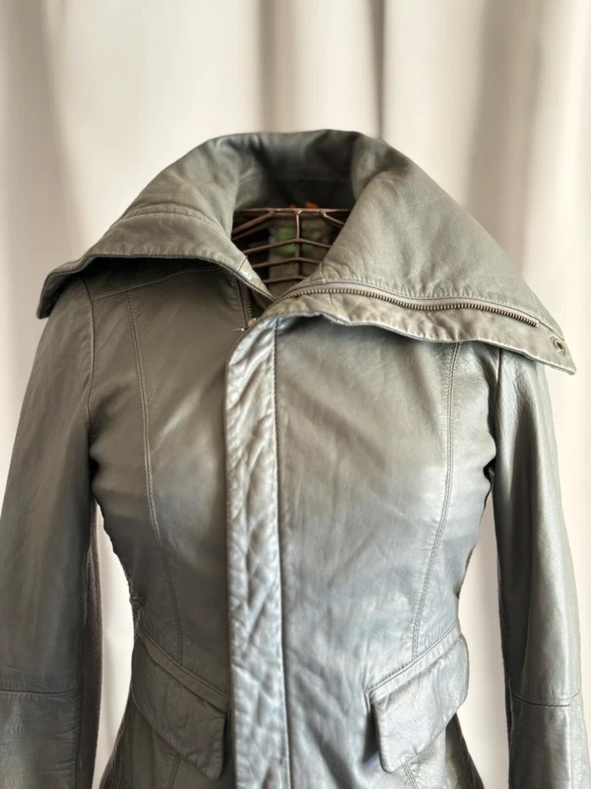 Y2K Grey Funnel Neck Leather Jacket XS Cropped