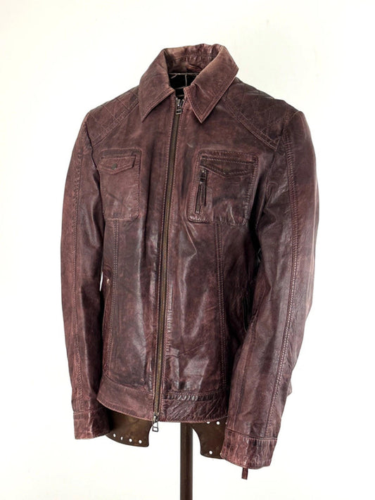 Y2K Leather Utility Jacket Large Burgundy