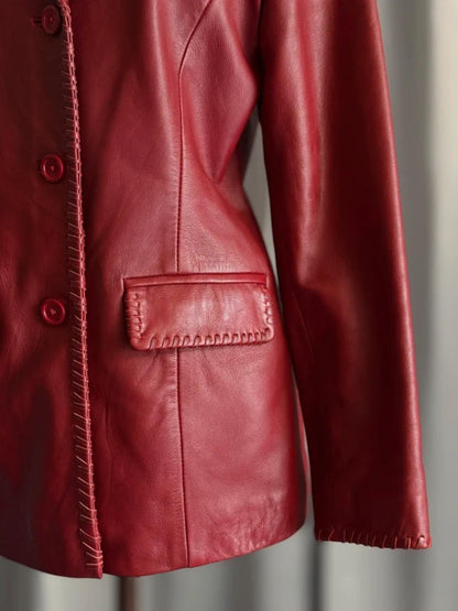 Vintage 80s Red Leather Jacket Ladies Medium Lapels