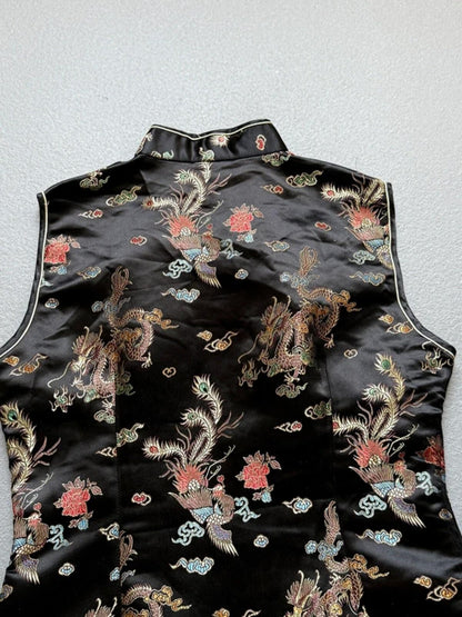 Y2K Black Dragon Phoenix Geisha Top 100% Silk Medium