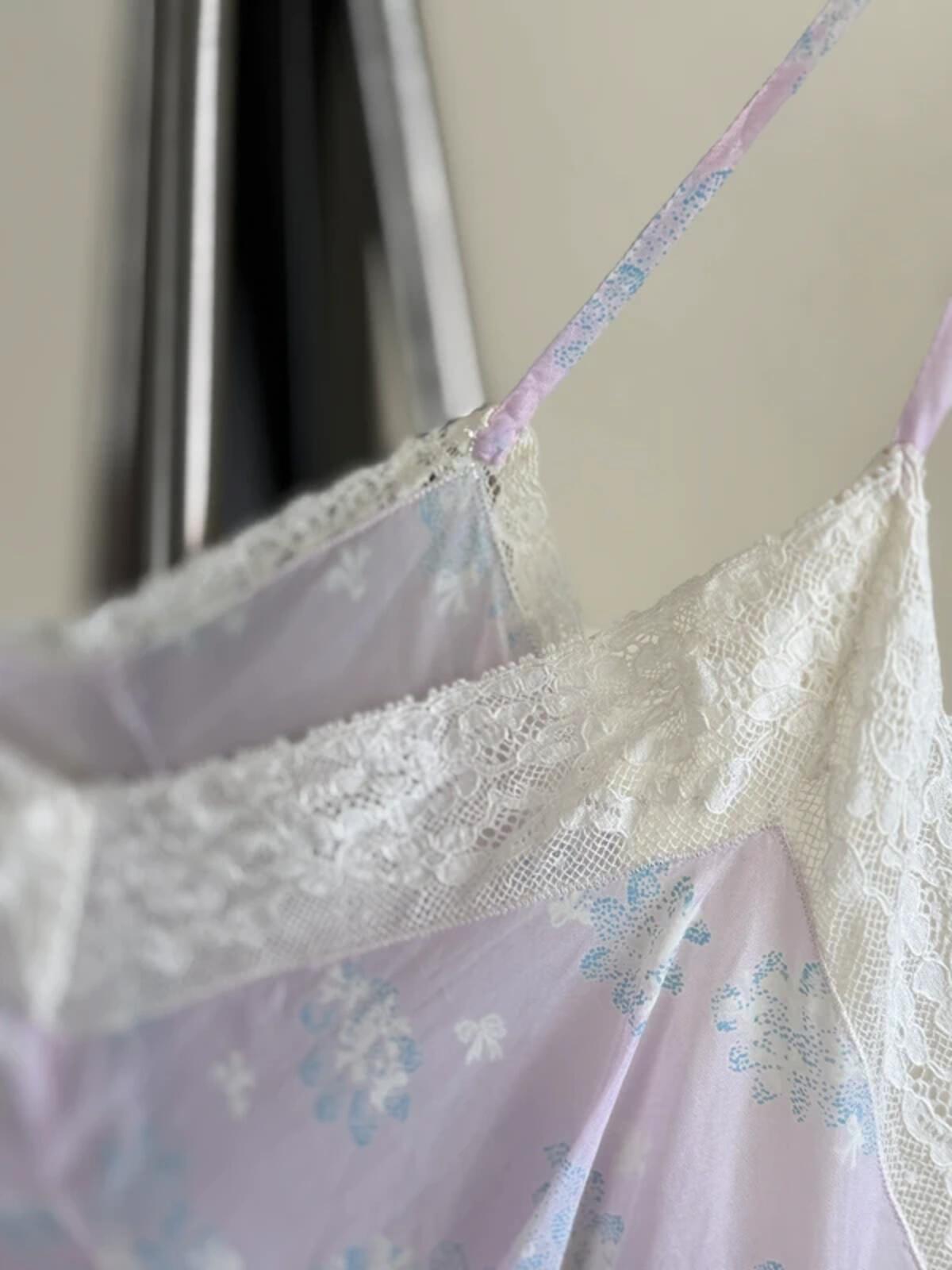 Y2K Lilac Silky Babydoll Slip Dress Floral Lace Medium