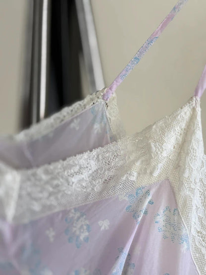 Y2K Lilac Silky Babydoll Slip Dress Floral Lace Medium