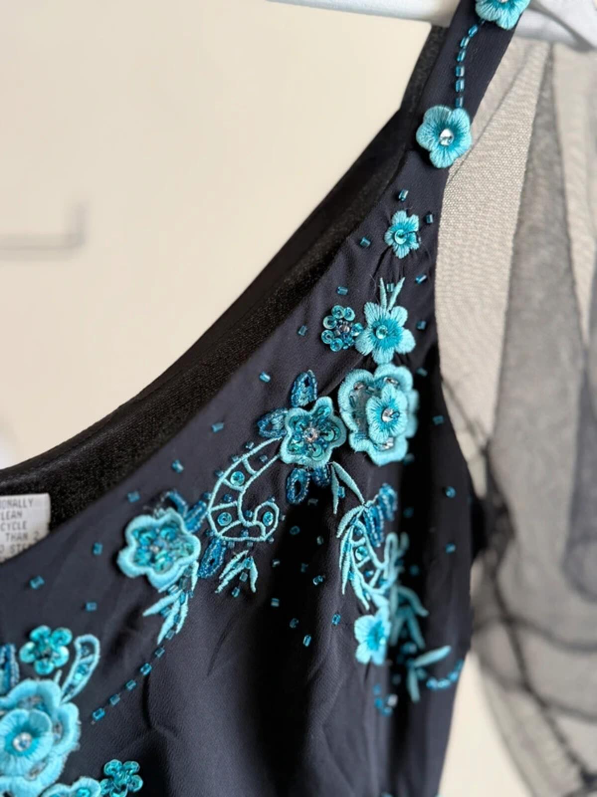 Floral Patch Embroidery Fairy Mesh Sleeve Dress UK 12