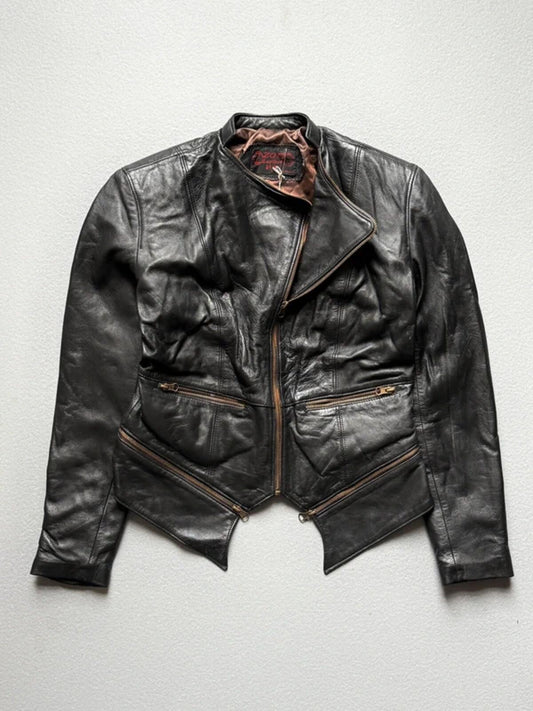 1980s Asymmetrical Black Leather Biker Jacket Small