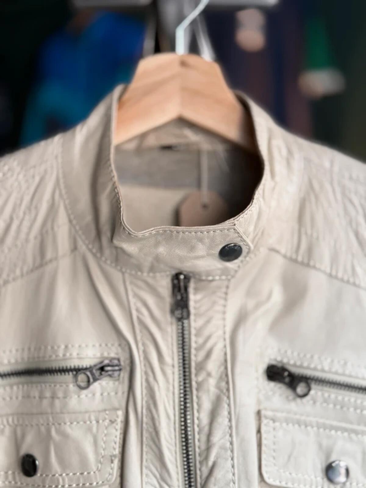Y2K Cream Leather Bomber Biker Jacket Large
