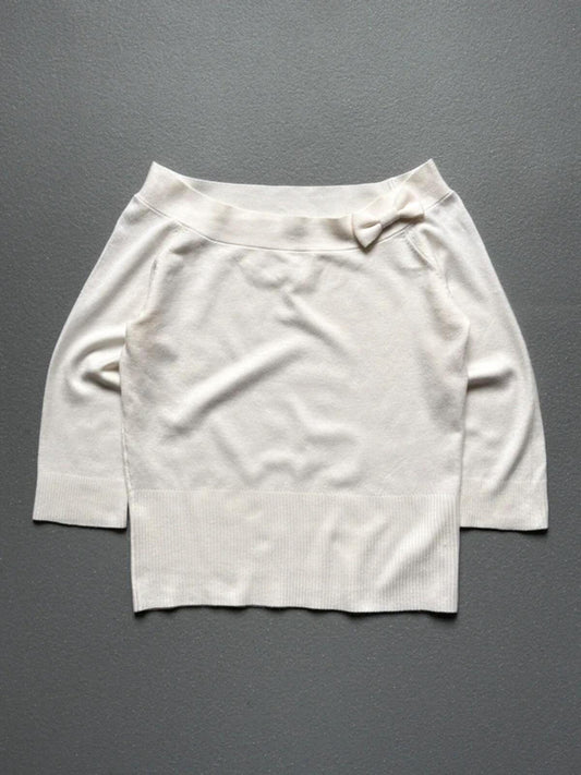 Etam Y2K Off Shoulder Bow Cream Knit Jumper Size 16
