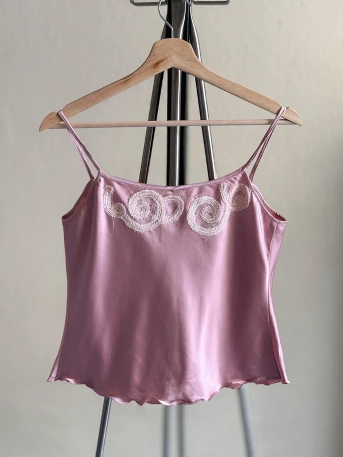 Y2K Silk Cropped Cami Top Pink Lace Embroidery Medium