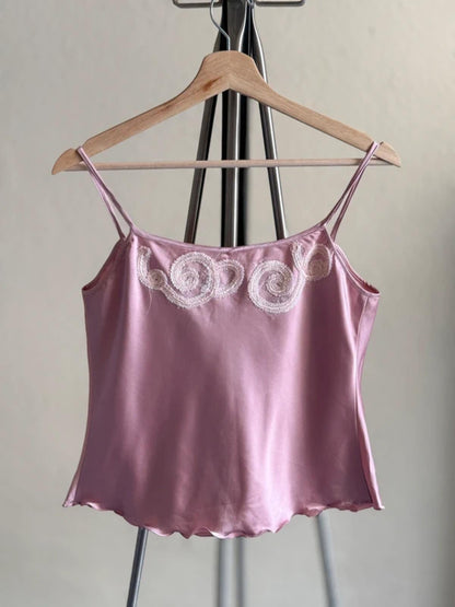 Y2K Silk Cropped Cami Top Pink Lace Embroidery Medium