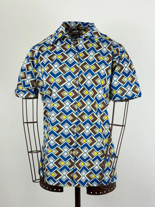 1970s Style Vintage Poly Mosaic Pattern Shirt Large