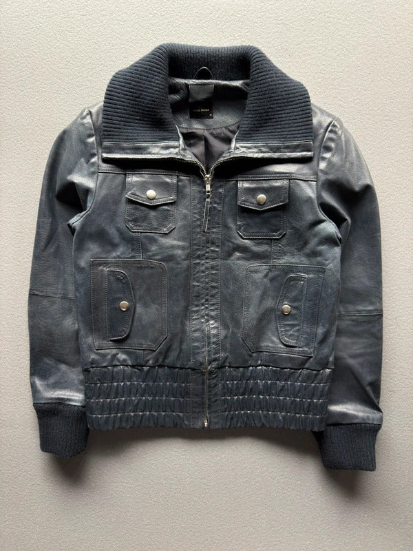 Y2K Vero Moda Navy Blue Leather Jacket – Women’s Medium