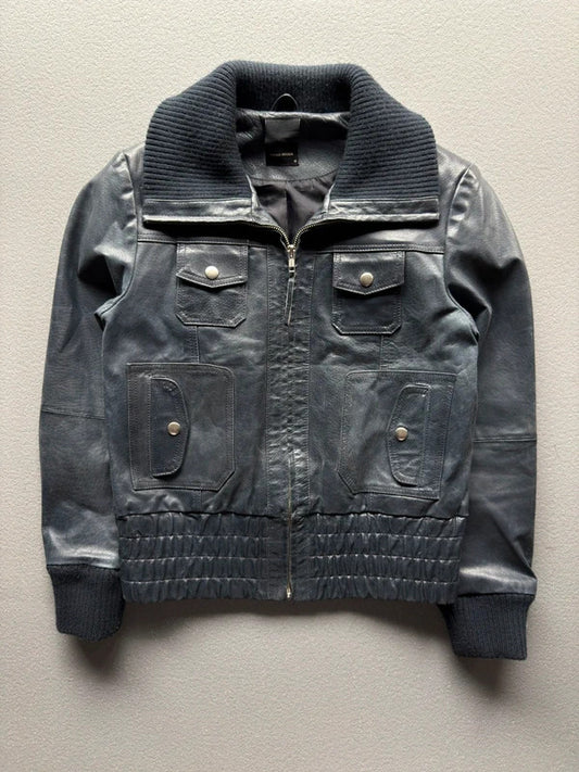 Y2K Vero Moda Navy Blue Leather Jacket – Women’s Medium