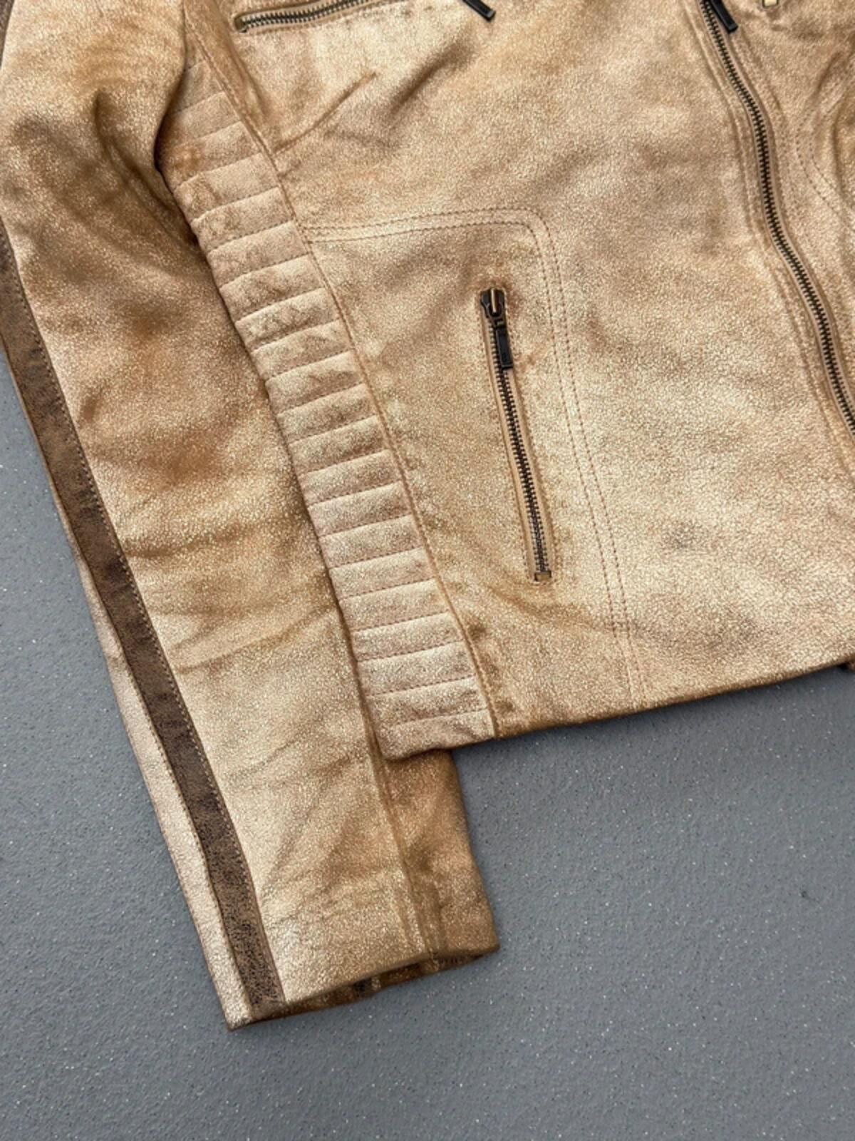 Y2K Distressed Beige Biker Jacket Leather Size 12