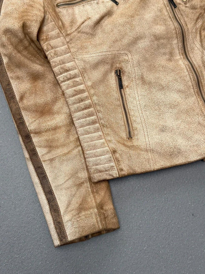 Y2K Distressed Beige Biker Jacket Leather Size 12