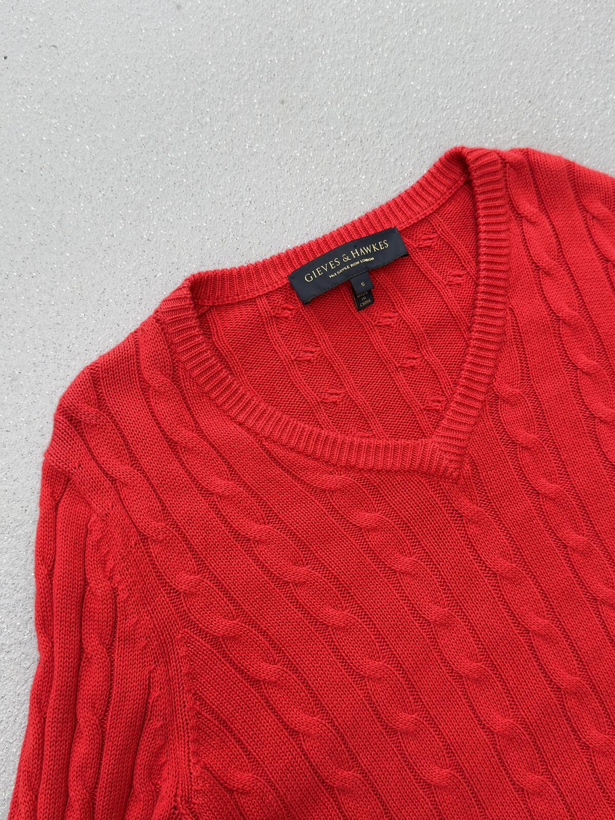 Gieves & Hawkes Red Cable Knit V Neck Jumper Merino Wool Sweater