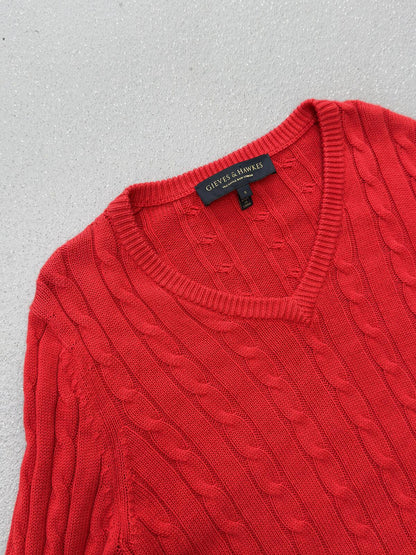 Gieves & Hawkes Red Cable Knit V Neck Jumper Merino Wool Sweater