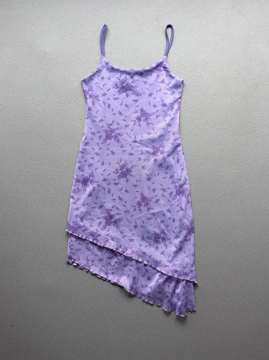 Y2K Asymmetrical Floral Mesh Strap Dress Small