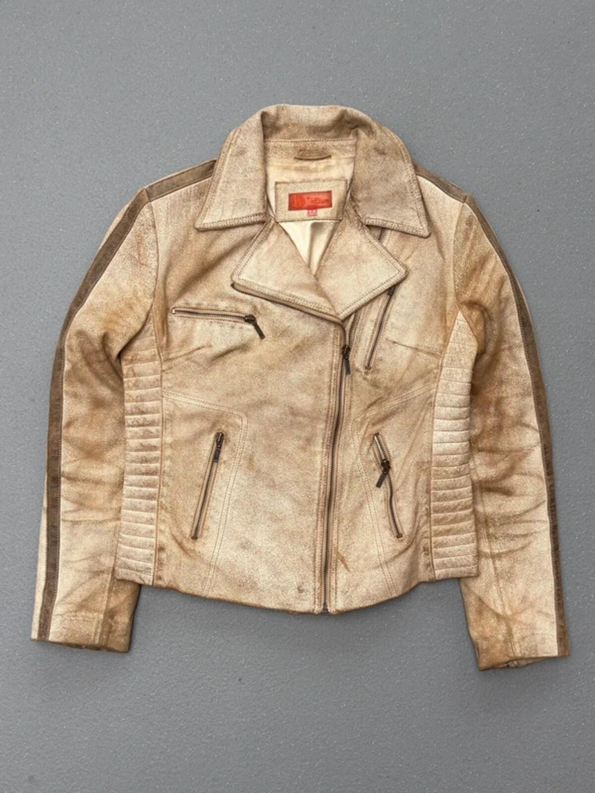 Y2K Distressed Beige Biker Jacket Leather Size 12