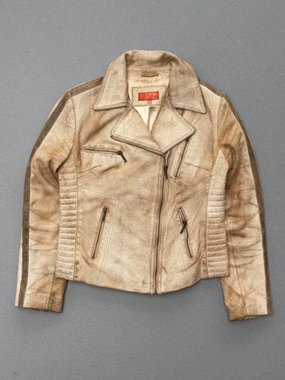 Y2K Distressed Beige Biker Jacket Leather Size 12