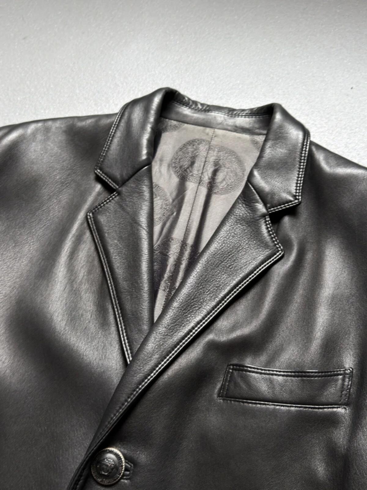 Gianni Versace 90s Vintage Black Leather Long Coat Medium Mens