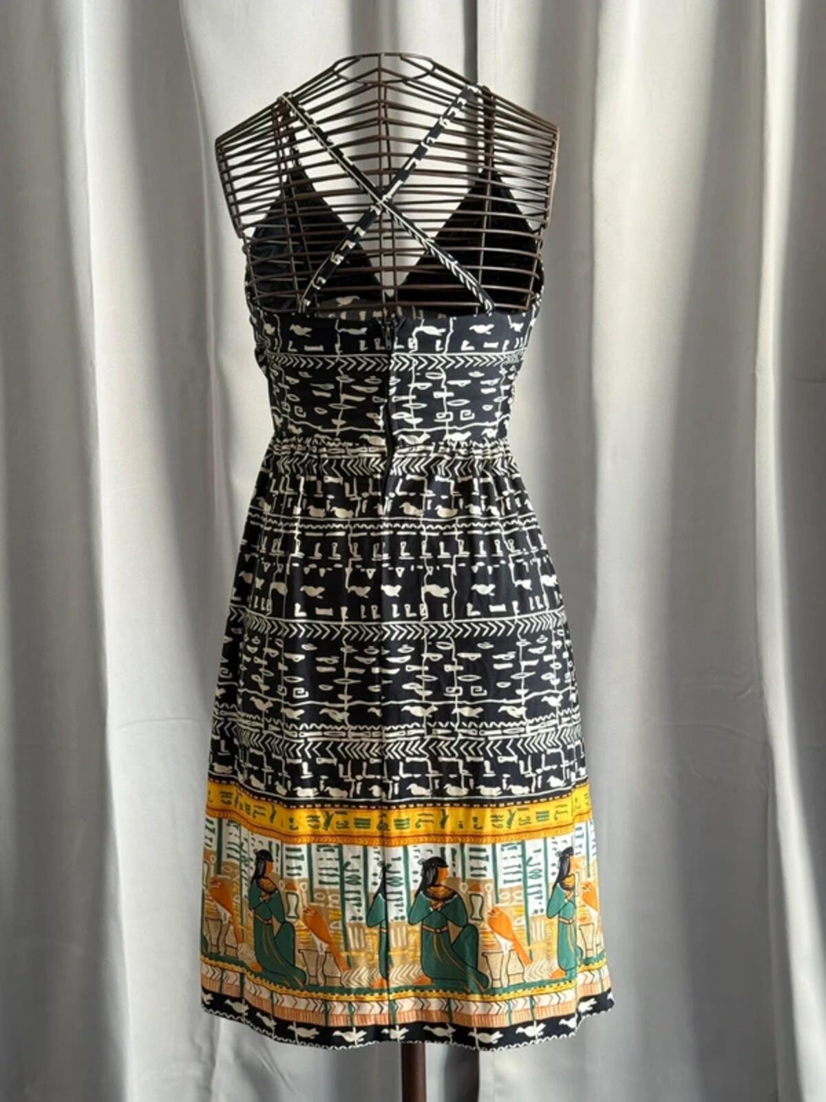 1960s Janine Robin Egyptian Hieroglyphics Print Strap Dress Size 8