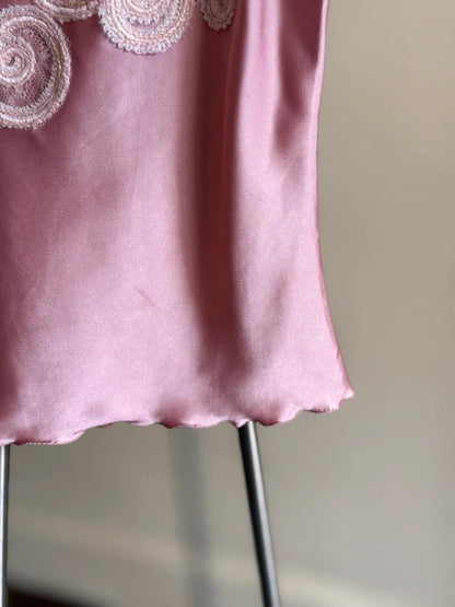 Y2K Silk Cropped Cami Top Pink Lace Embroidery Medium