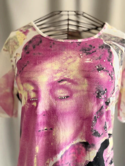 Y2K Abstract Face Print Top Pink Graphic Tee Embellished Festival Indie Large