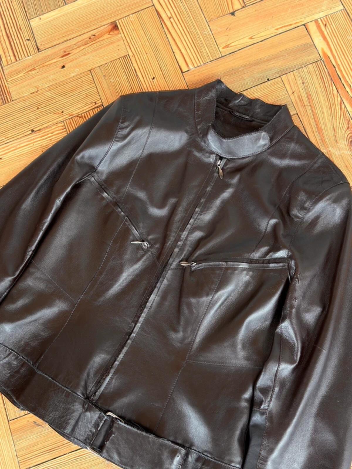 Y2K Brown Leather Biker Jacket Size 10