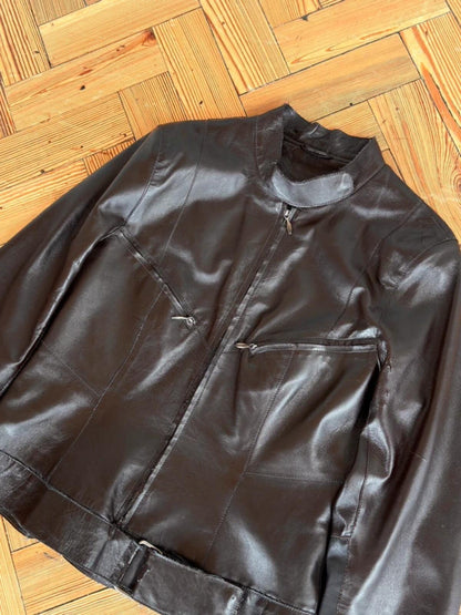 Y2K Brown Leather Biker Jacket Size 10