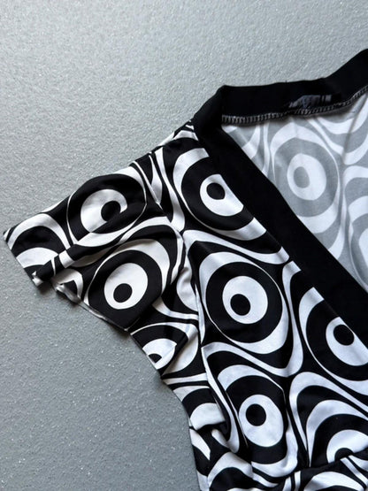 Y2K B&W Belt Buckle Psychedelic Dress