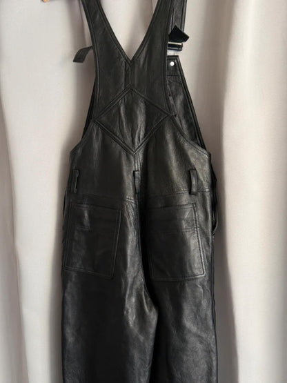 Vintage Black Leather Dungarees Biker Overalls Y2K Grunge Moto 28” Tall